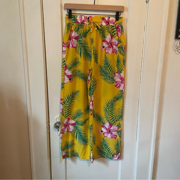Indero Pants - Indero Yellow and Pink Floral Wide Leg Pants